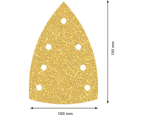 Papier abrasif triangulaire avec six trous et dimensions de 150 sur 100 millimètres.