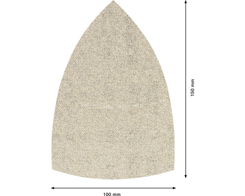 Dreieckiges Schleifpapier mit den Maßen 100 mm x 150 mm.