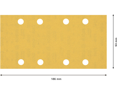 Papier abrasif avec huit trous et dimensions 186 mm par 93 mm.