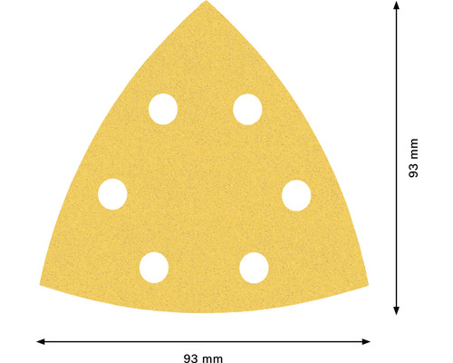 Papier abrasif triangulaire avec six trous et une dimension de 93 mm.