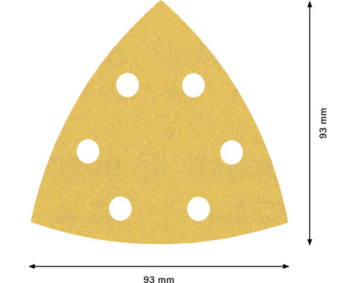 Papier abrasif triangulaire avec 6 trous, 93 mm