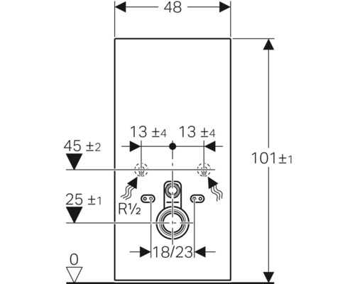Schéma coté d''un système d''installation sanitaire avec indication des dimensions