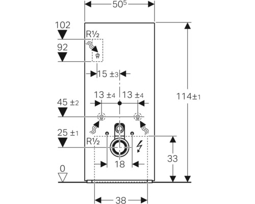 Technische Zeichnung eines Sanitärinstallationssystems mit Maßangaben