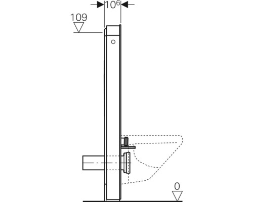 Technische Zeichnung eines Vorwandelements für ein Wand-WC mit Massangaben.