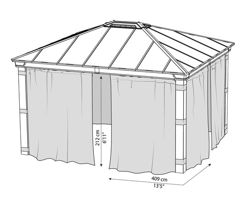 Dessin d''un pavillon avec rideaux et les dimensions 212 cm de hauteur et 409 cm de largeur