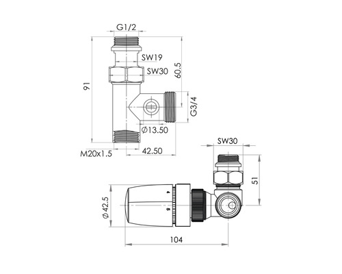 Schéma technique d''un robinet de radiateur avec cotes