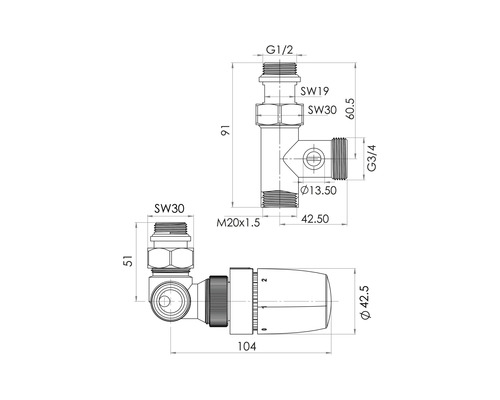 Technische Zeichnung eines Heizkörperventils mit Massangaben
