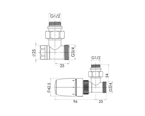 Technische Zeichnung eines Heizkörperventils mit Maßangaben