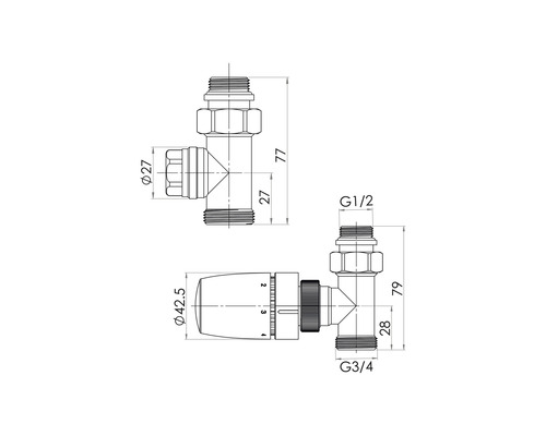 Technische Zeichnung eines Heizkörperventils mit Maßangaben