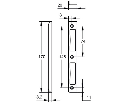 Technische Zeichnung eines Türdrückers mit Maßangaben