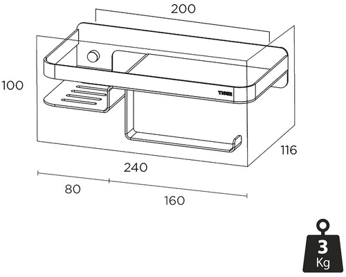 Schéma technique d''une étagère de salle de bain avec porte-serviettes et indication de poids de trois kilogrammes.