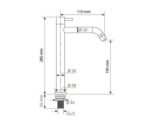 Dessin technique d''un robinet avec indications de dimensions.