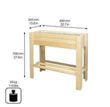 Dimensions d''un potager surélevé en bois avec espace de rangement et indication du poids