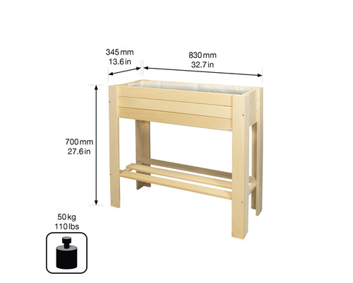 Dimensions d''un potager surélevé en bois avec espace de rangement et indication du poids