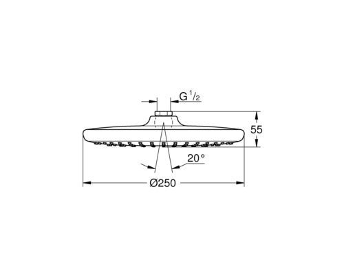 Technische Zeichnung eines Duschkopfs mit Maßangaben
