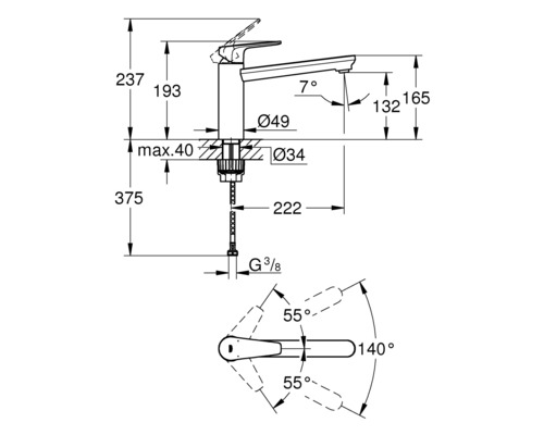 Dessin technique d''un robinet avec cotes.