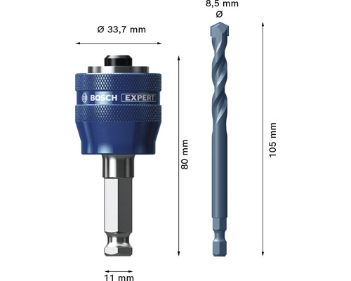Adaptateur pour visseuse à percussion Bosch Expert et foret de 8,5 mm de diamètre avec dimensions