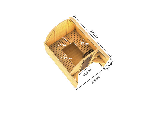 Draufsicht einer Gartensauna mit Abmessungen