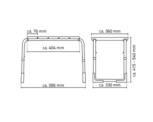 Schéma technique d''un banc de baignoire avec indications de dimensions
