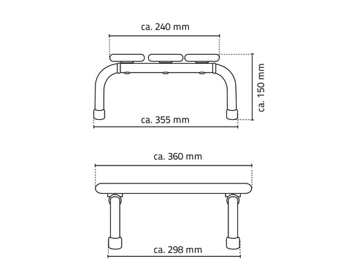Schéma technique d''un tabouret de douche avec indications de dimensions