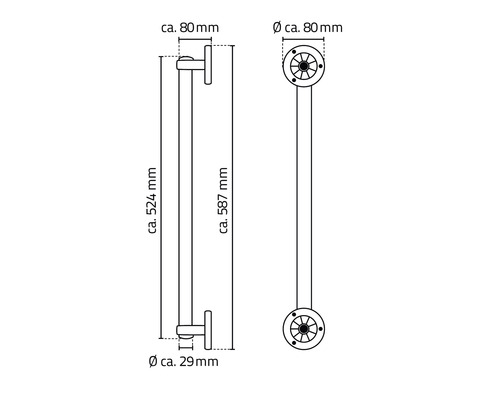 Schéma technique d''une poignée de porte avec indications de dimensions