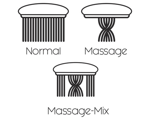 Représentation symbolique de brosses avec une disposition normale des poils, des poils de massage et un mélange des deux
