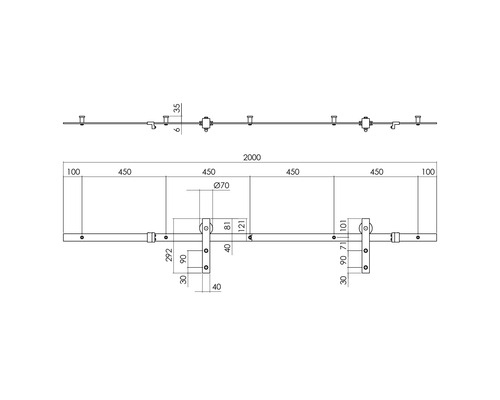 Schéma technique d''une ferrure de porte coulissante avec cotes