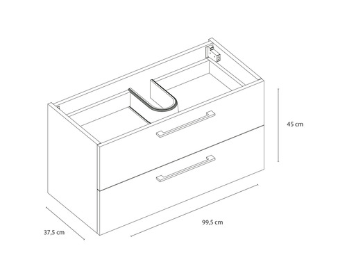 Waschbeckenunterschrank mit zwei Schubladen und Maßangaben 99,5 cm, 45 cm und 37,5 cm.