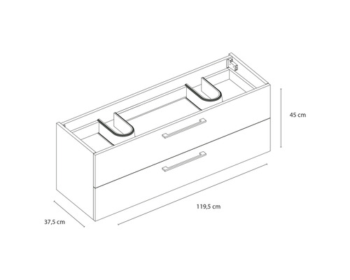 Meuble sous-lavabo avec deux tiroirs et dimensions : 45 cm de hauteur, 119,5 cm de largeur et 37,5 cm de profondeur.