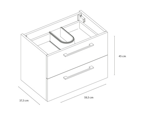 Zeichnung eines Waschtischunterschranks mit zwei Schubladen und Maßangaben.