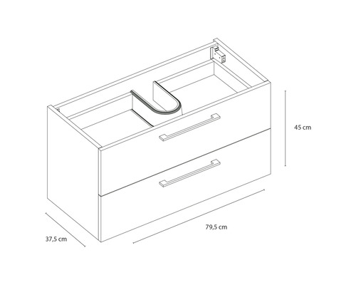 Dessin d''un meuble sous-lavabo avec deux tiroirs et les dimensions suivantes : 79,5 cm de large, 45 cm de haut et 37,5 cm de profondeur.