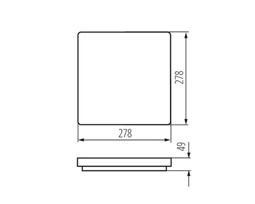 Technische Zeichnung eines quadratischen Objektes mit den Maßen 278 x 278 x 49 Millimeter