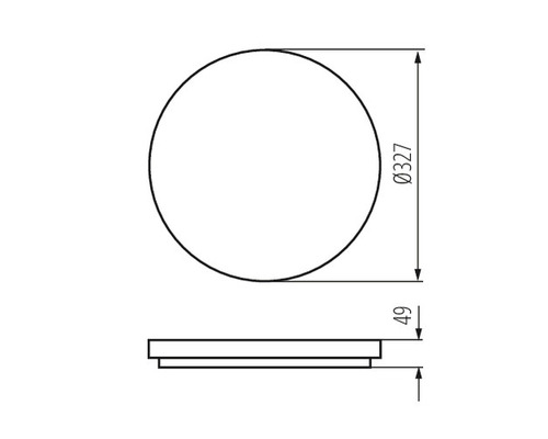 Technische Zeichnung einer runden Deckenleuchte mit den Maßen Durchmesser 327 Millimeter und Höhe 49 Millimeter