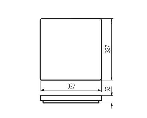 Technische Zeichnung eines quadratischen Spiegels mit den Maßen 327 mal 327 Millimeter und einer Tiefe von 52 Millimetern.