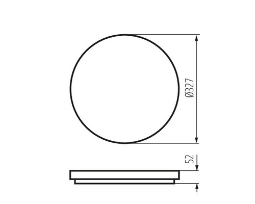 Technische Zeichnung eines runden Spiegels mit den Maßen Durchmesser 327 Millimeter und Tiefe 52 Millimeter