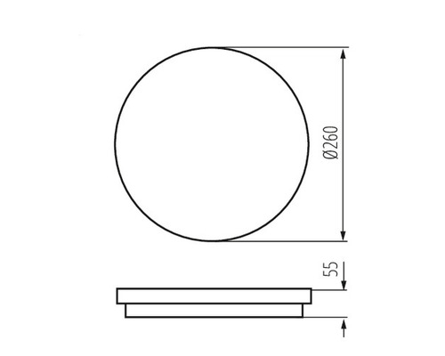 Technische Zeichnung eines runden Spiegels mit den Maßen Durchmesser 260 mm und Höhe 55 mm.