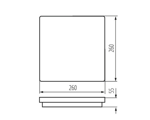 Technische Zeichnung eines quadratischen Objekts mit den Maßen 260 mal 260 mal 55 Millimeter