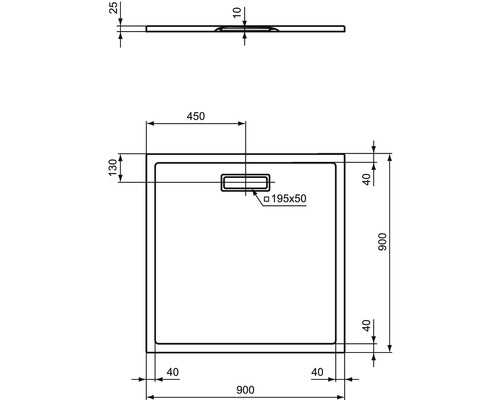 Technische Zeichnung einer Duschwanne mit Maßangaben.