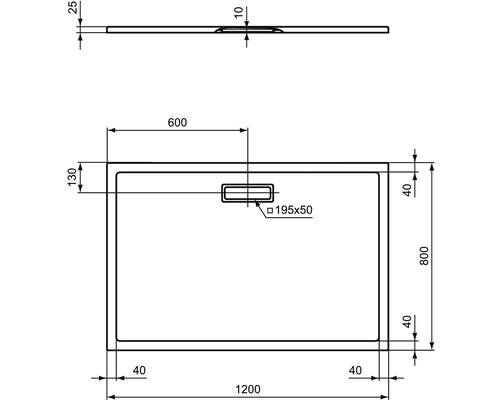 Dessin technique d''un receveur de douche avec dimensions.