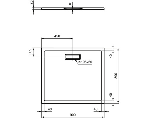 Dessin technique d''un receveur de douche avec dimensions.