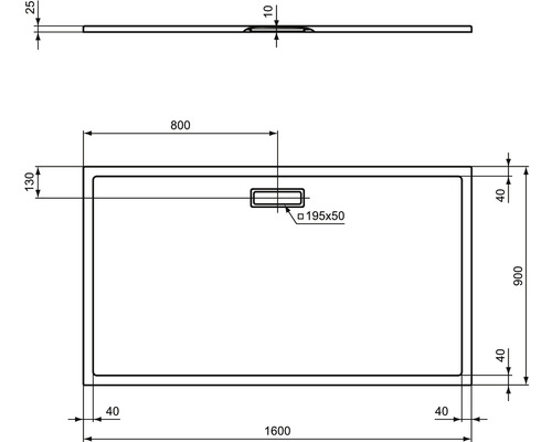 Technische Zeichnung einer Duschwanne mit Maßangaben