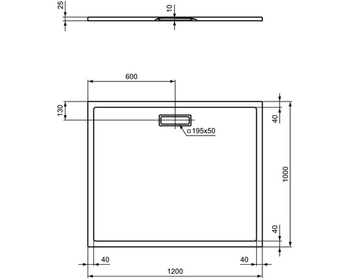 Technische Zeichnung einer Duschwanne mit Maßen