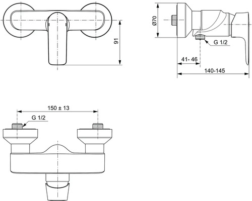 Technische Zeichnung einer Wandarmatur mit Massangaben