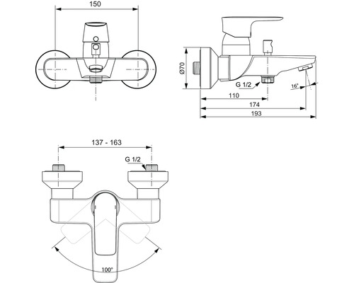 Schéma technique d''un robinet avec indications de dimensions