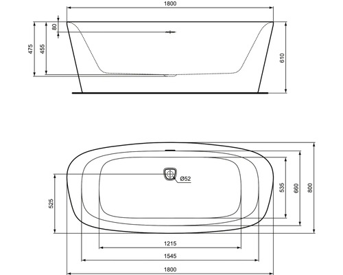 Technische Zeichnung einer Badewanne mit Maßangaben