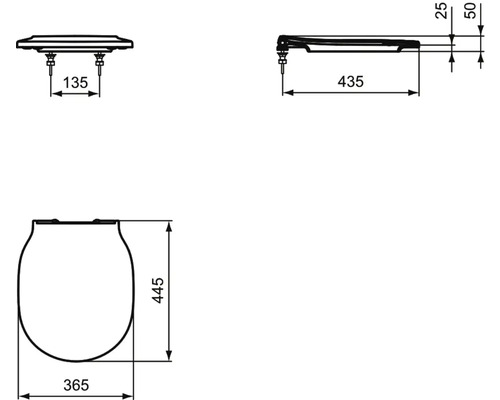 Schéma technique d''un couvercle de WC avec indications de dimensions.