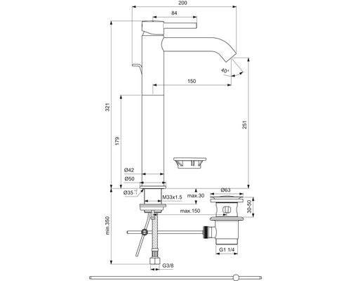 Schéma technique d''un robinet de lavabo avec dimensions