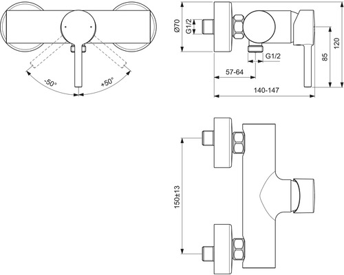 Technische Zeichnung einer Armatur mit Massangaben