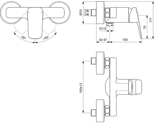 Technische Zeichnung einer Armatur mit Massangaben