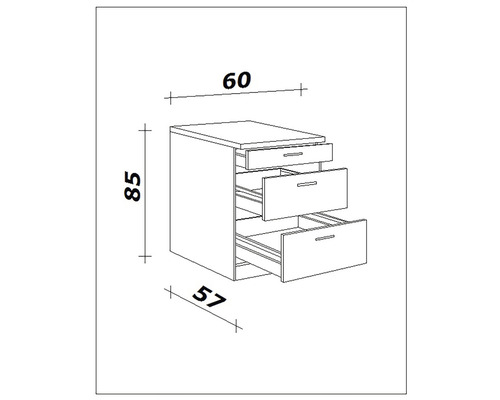 Zeichnung eines Schubladenschranks mit Abmessungen